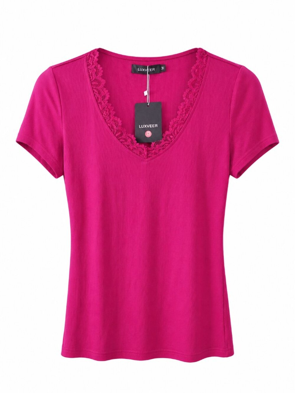 LUXVEER Fuchsia Lace Trim Ribbed V-Neck Top Size Medium NWT